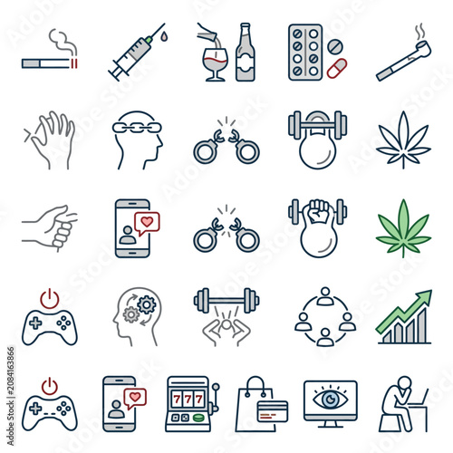 Cuadro en lienzo Vector icons representing addiction, bad habits and recovery