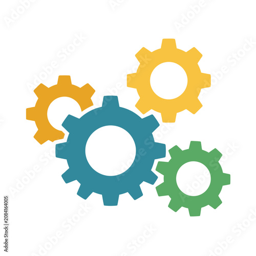 Foto Four colorful interlocking gears isolated on a white background