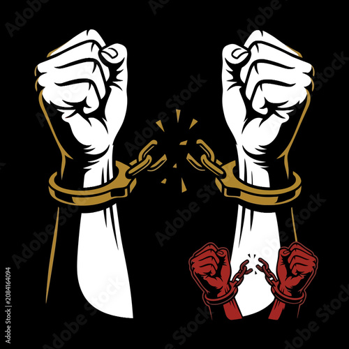 Fotografía Two pairs of hands breaking free from heavy metal shackles