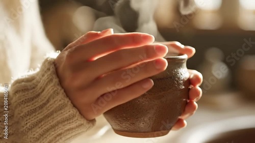 Hands holding steaming ceramic cup of coffee in warm sunlight