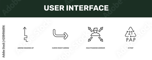 user interface icon set with arrow heading up, curve right arrow, multitasking worker, 21 pap signs in flat outline style