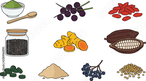 Cuadro en lienzo Natural Superfood Collection with Turmeric, Chia Seeds, Goji Berries, Spirulina,