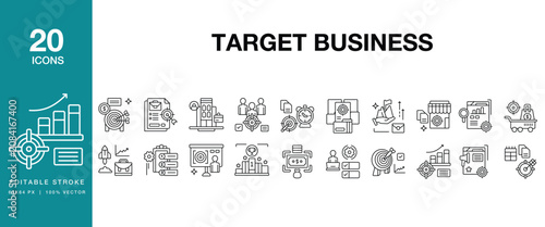 Target Business icon set. Includes target, business, goal, strategy, marketing, sales and More. Editable Stroke Icon Collection.
