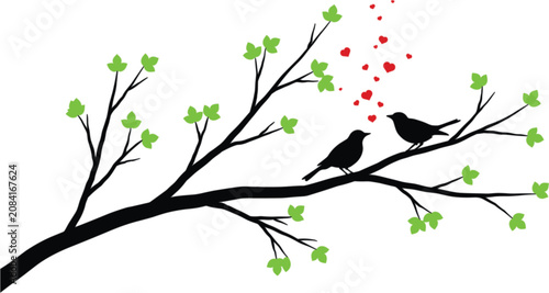 Konstfotografi Love birds on tree branch, romantic nature silhouette with heart leaves isolated
