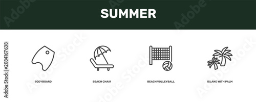 Foto summer icon set with bodyboard, beach chair, beach volleyball, island with palm