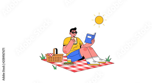Man enjoying a leisurely picnic, reading a book and eating outdoors on a sunny day.