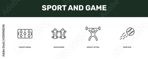 Foto sport and game icon set with hockey arena, shin guards, weight lifting, home run