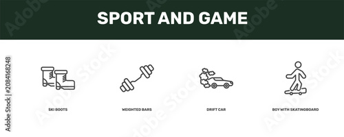 Bild auf Leinwand sport and game icon set with ski boots, weighted bars, drift car, boy with skati