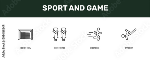 Schilderij op canvas sport and game icon set with hockey goal, shin guards, excercise, capoeira signs