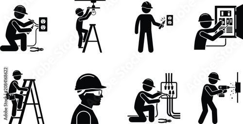Принти на полотні Electrician Work and Electrical Installation Black Silhouette Icon Set for Wirin