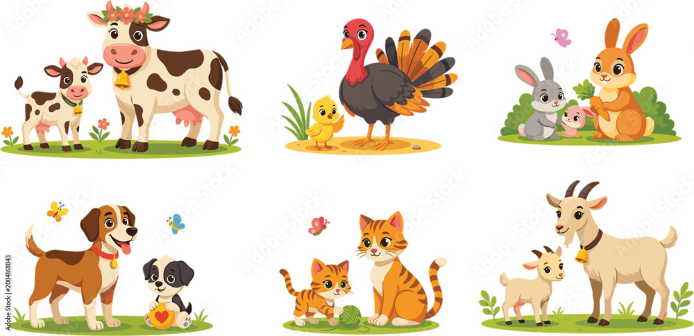 Fototapeta premium Farm animal families collection, cute cartoon livestock and pets with babies isolated vector illustration set design