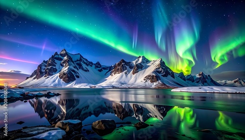 Snow-capped peaks beneath vibrant aurora borealis