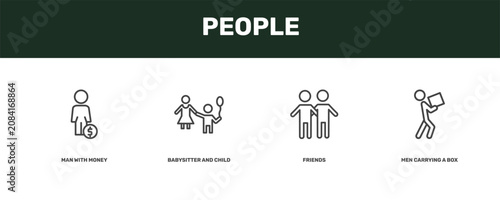 Fotografía people icon set with man with money, babysitter and child, friends, men carrying