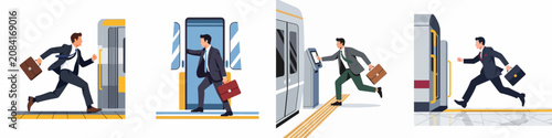 Obraz na płótnie Set of illustrations depicting a businessman in a suit rushing to catch a train and commuting at a subway station platform