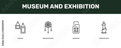 Canvastavla museum and exhibition icon set with acrylic, dreamcatcher, archivist, venus de m