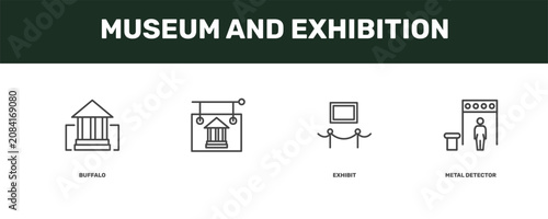museum and exhibition icon set with buffalo, , exhibit, metal detector signs in flat outline style