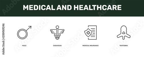 Photos medical and healthcare icon set with male, caduceus, medical insurance, vertebra