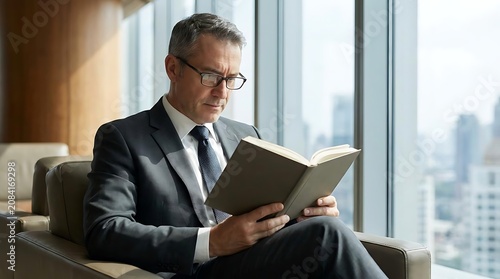 Mature professional reading book in upscale office setting.