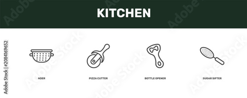 Photos kitchen icon set with nder, pizza cutter, bottle opener, sugar sifter signs in f