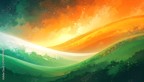 Vibrant pixel art landscape with rolling hills in orange, white, and green, suggesting a sunset or sunrise over a stylized natural scene with scattered glowing particles