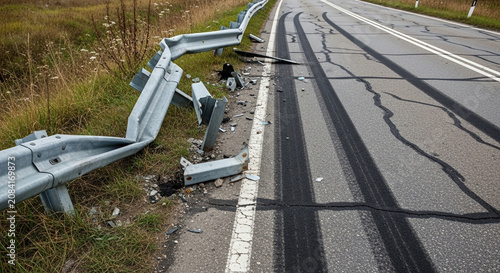 Damaged road barrier with tire marks and debris on the highway  