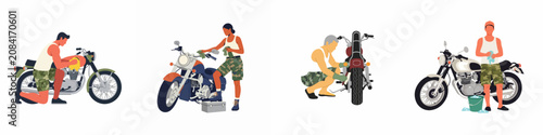 Konstfotografi Flat illustration set of diverse people cleaning and detailing various types of motorcycles, including vintage and cruiser styles, isolated on white background