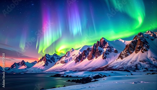 Vibrant aurora borealis dancing above snow-capped mountain range (1)