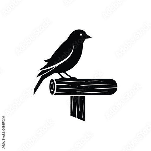 Black Bird Sitting on Log Perch 1.