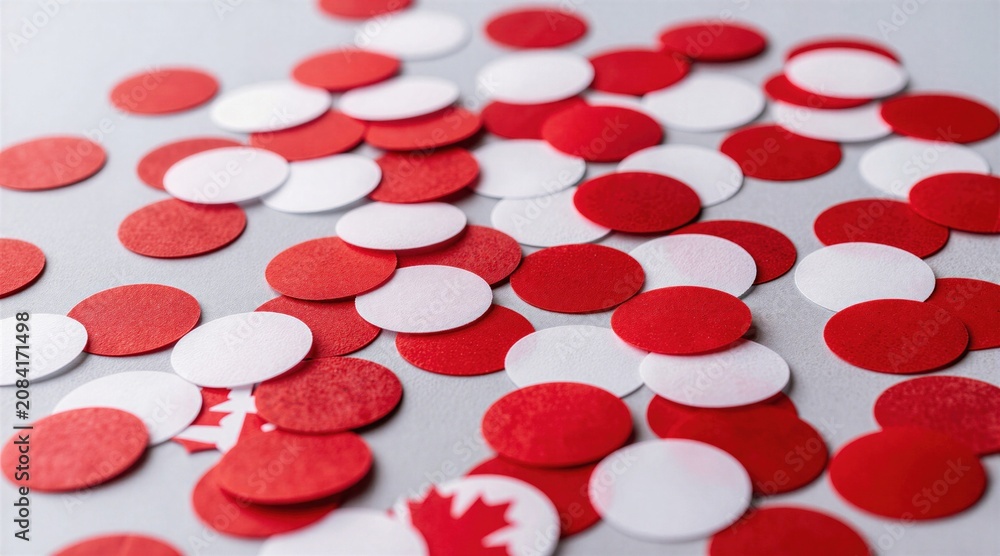 Fototapeta premium Red and white confetti scattered on a grey surface. Small circular pieces overlap with some showing Canadian maple leaf symbols. Festive party paper decorations.