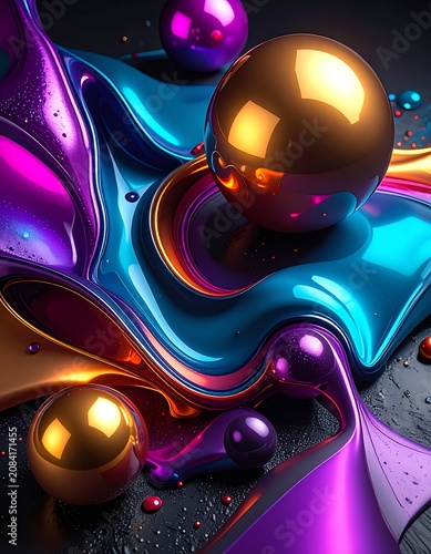 Vibrant colorful liquid and metallic spheres on dark surface