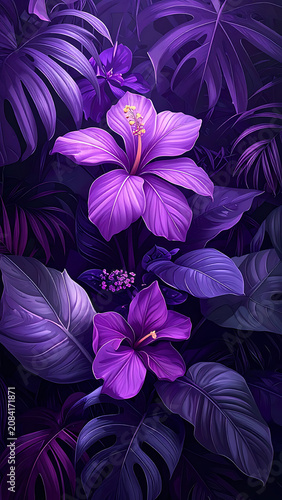 Vibrant purple tropical foliage with blooming hibiscus flowers, exotic jungle plant pattern, lush botanical elements, deep rainforest ambiance