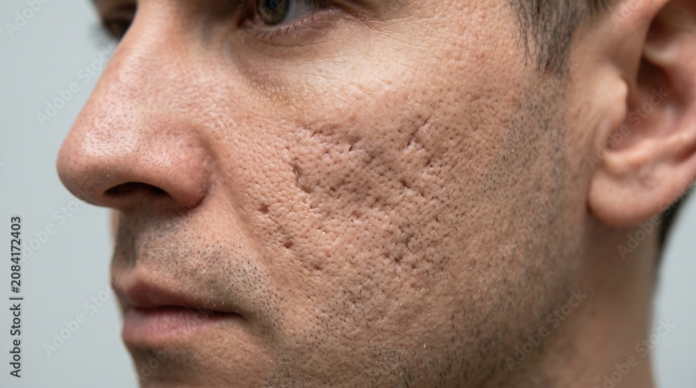 Fototapeta premium Close-up of male cheek with deep pitted atrophic acne scars