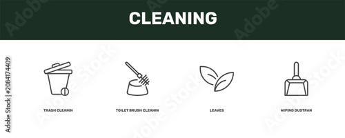 cleaning icon set with trash cleanin, toilet brush cleanin, leaves, wiping dustpan signs in flat outline style