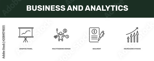 business and analytics icon set with graphic panel, multitasking woman, bailment, increasing stocks signs in flat outline style