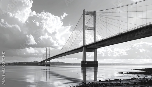 A grayscale image showcases a large suspension bridge spanning a body of water, set against a cloudy sky