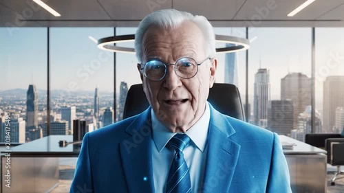 Holographic human figure standing in modern office.