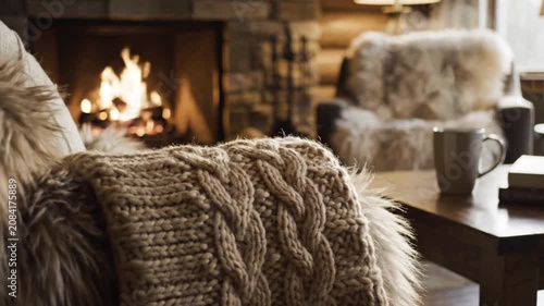Hot mug of coffee on wooden table near cozy fireplace.