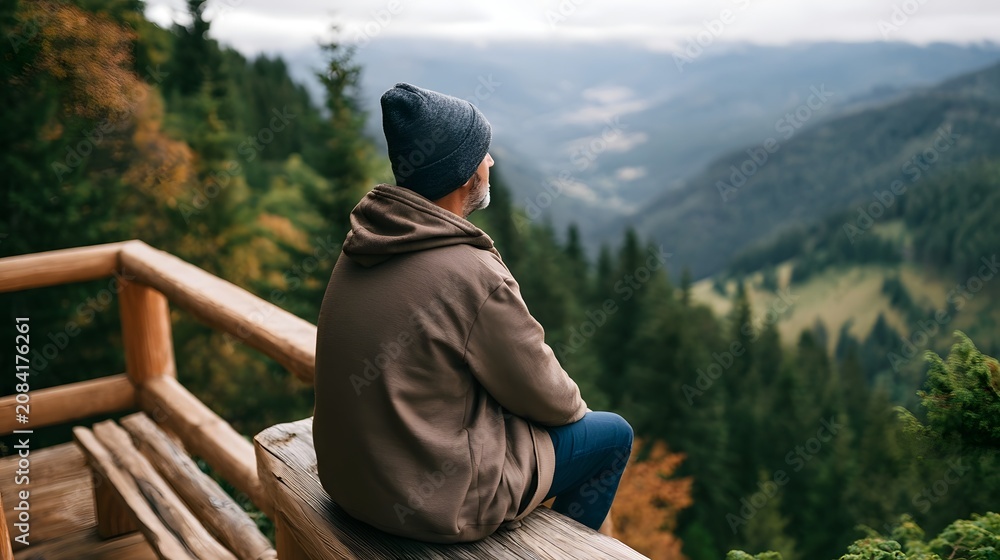 Obraz premium A person sits on a wooden platform overlooking a vast mountain valley surrounded by dense forests under an overcast sky