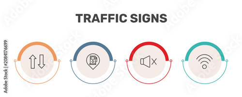 traffic signs icon set with two ways, gas station, no sound, signs in flat outline style