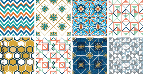 Geometric seamless pattern collection featuring Moroccan arabesque tiles chevron waves and hexagonal textures for textile fabric print interior home decor