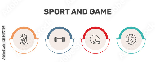 sport and game icon set with second prize, gym weight, baseball helmet, volleyball ball signs in flat outline style