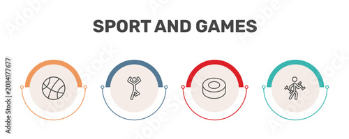 Foto sport and games icon set with basketball basket, yoga posture, hockey puck, exce