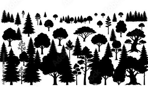Photos A flat vector illustration showing a diverse collection of tree silhouettes arranged in a natural landscape-style composition