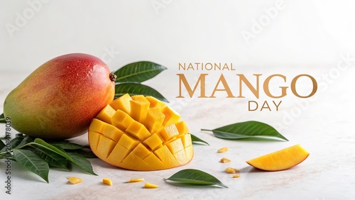 Elegant mango typography featuring hedgehog cut fruit and clean background.

