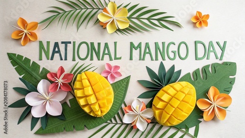 Origami art National Mango Day design with folded paper flowers and fruit.
