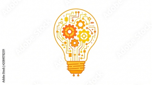 Innovative light bulb, circuit board design, orange yellow gears, creative idea concept, technology symbol