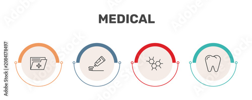 Foto medical icon set with medical records, brush with tooth paste, three hexagons ce