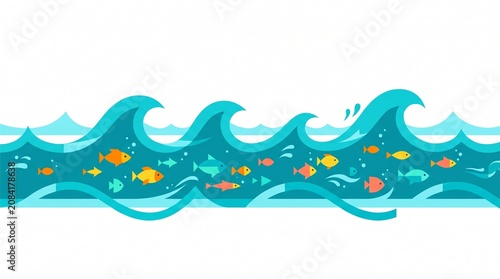 Colorful ocean wave, cartoon fish swimming, aquatic border design, vibrant sea creatures