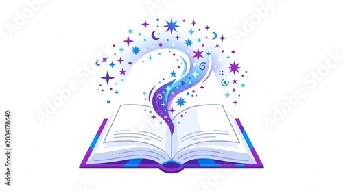 Fantasy book illustration, magical open book, swirly purple smoke, stars and moon