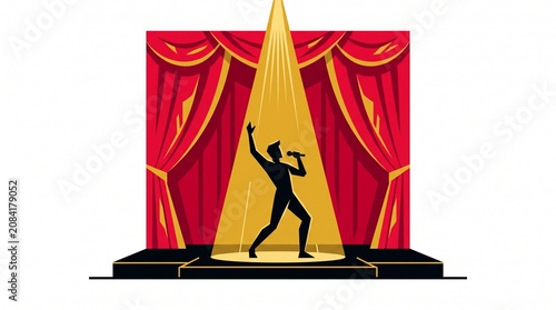 Theatrical spotlight, dancer silhouette, red curtains, stage performance